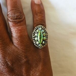 Vintage Czech Green Aurora Borealis Glass Oval Ring, Size 4.75